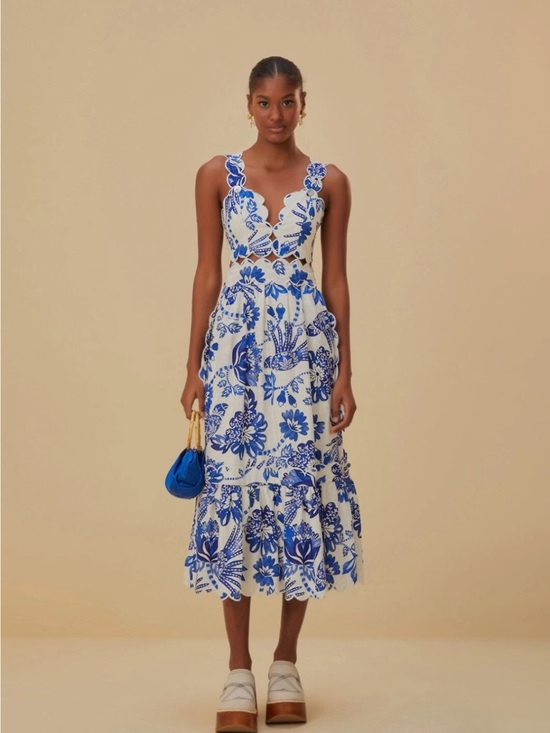 FARM Rio Dresses & Skirts - FARM Rio Blue and White Floral Cutout Midi Dress